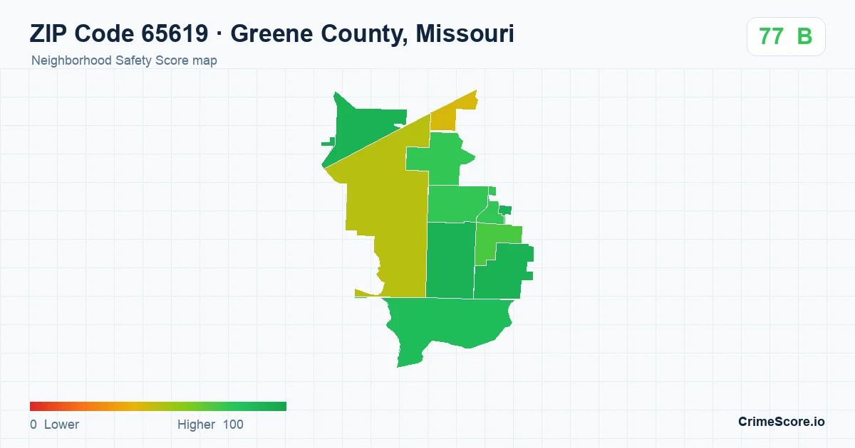 ZIP Code 65619 in Greene County, Missouri neighborhood Safety Score map