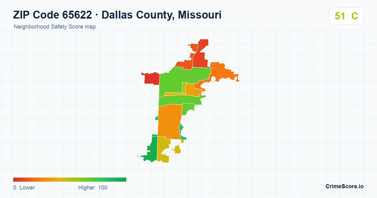 ZIP Code 65622 in Dallas County, Missouri neighborhood Safety Score map