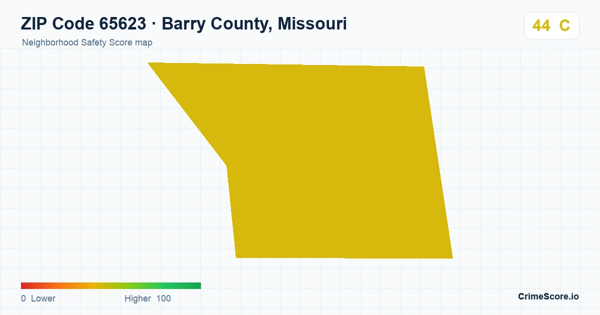 ZIP Code 65623 in Barry County, Missouri neighborhood Safety Score map