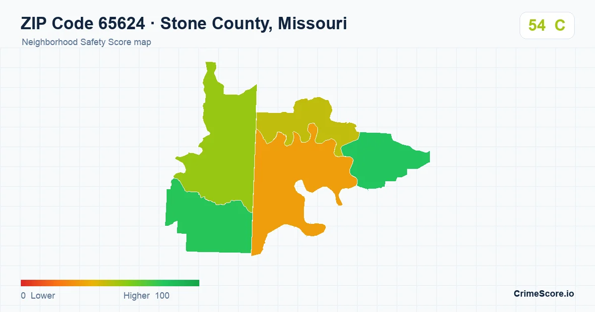 ZIP Code 65624 in Stone County, Missouri neighborhood Safety Score map
