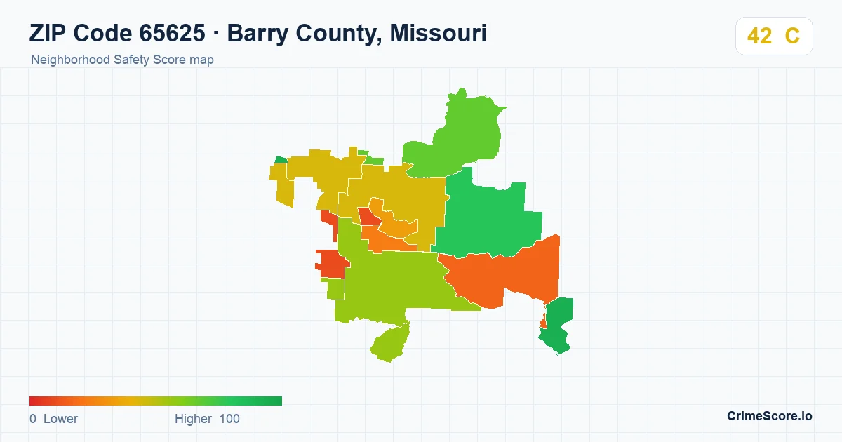 ZIP Code 65625 in Barry County, Missouri neighborhood Safety Score map