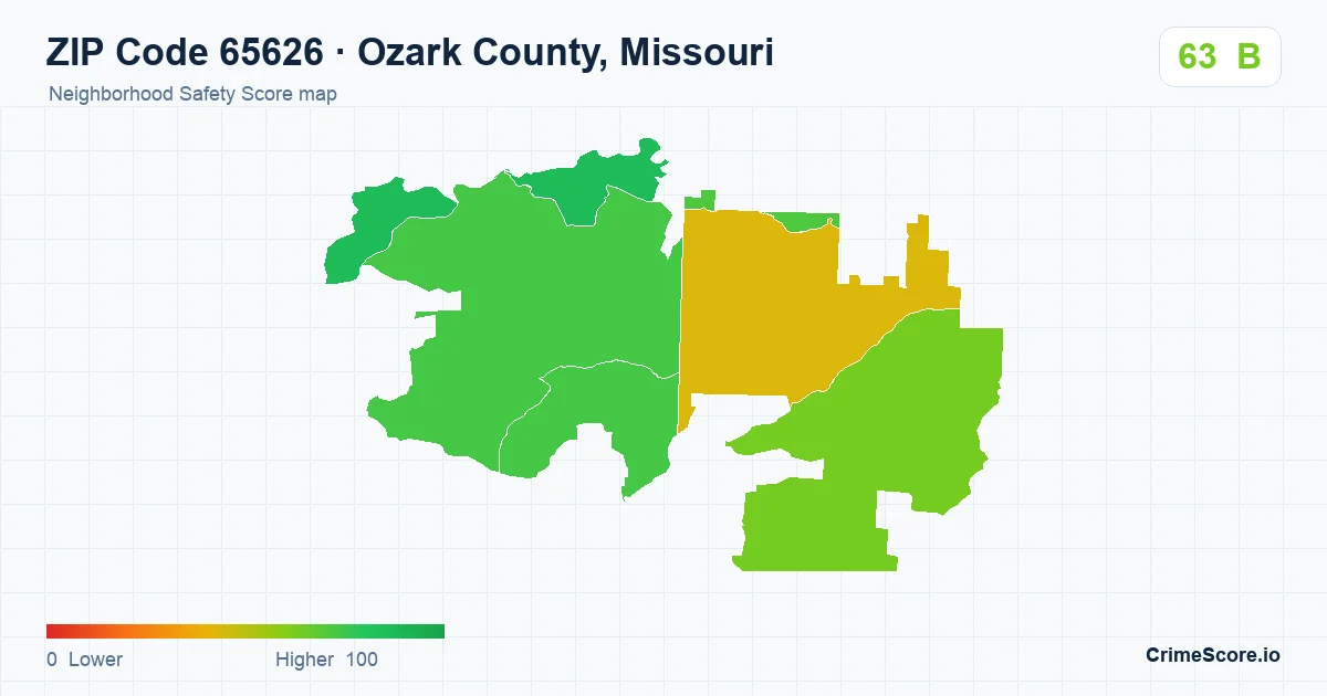 ZIP Code 65626 in Ozark County, Missouri neighborhood Safety Score map