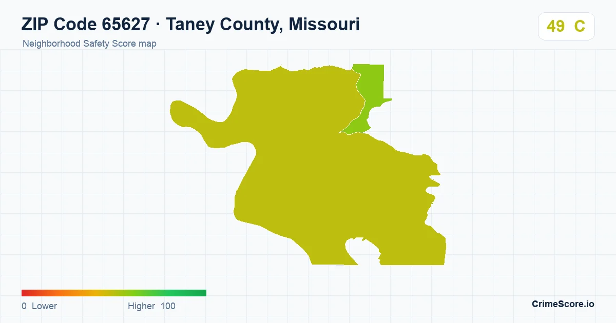 ZIP Code 65627 in Taney County, Missouri neighborhood Safety Score map