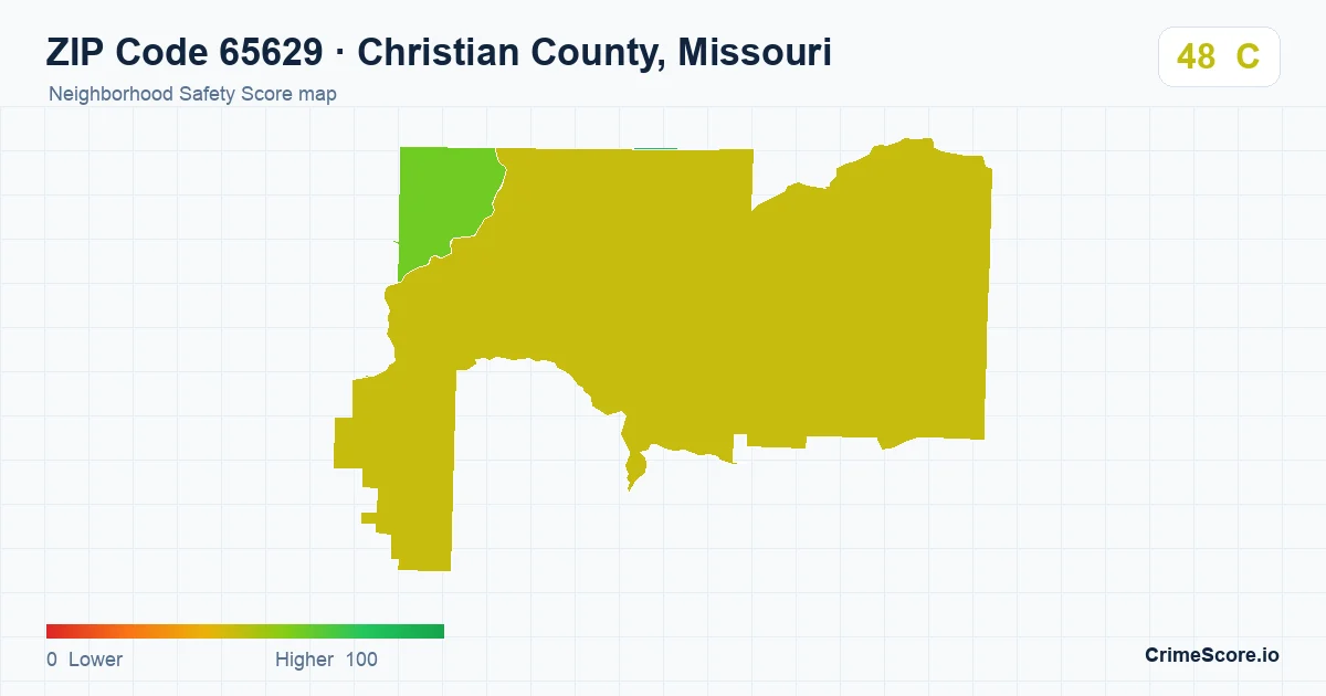 ZIP Code 65629 in Christian County, Missouri neighborhood Safety Score map