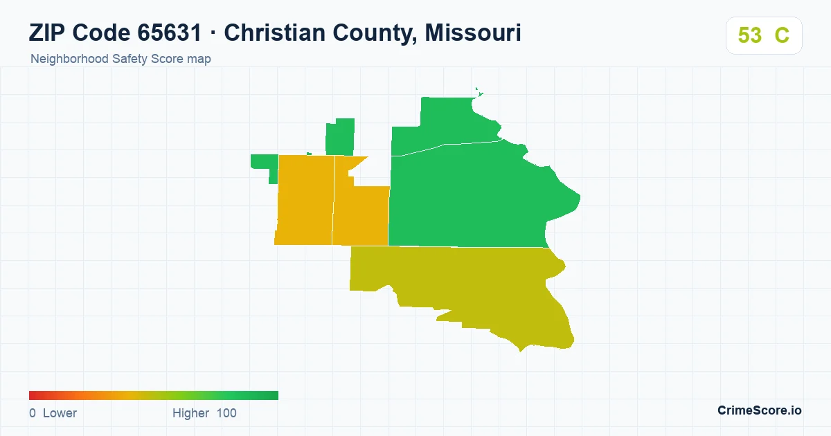 ZIP Code 65631 in Christian County, Missouri neighborhood Safety Score map