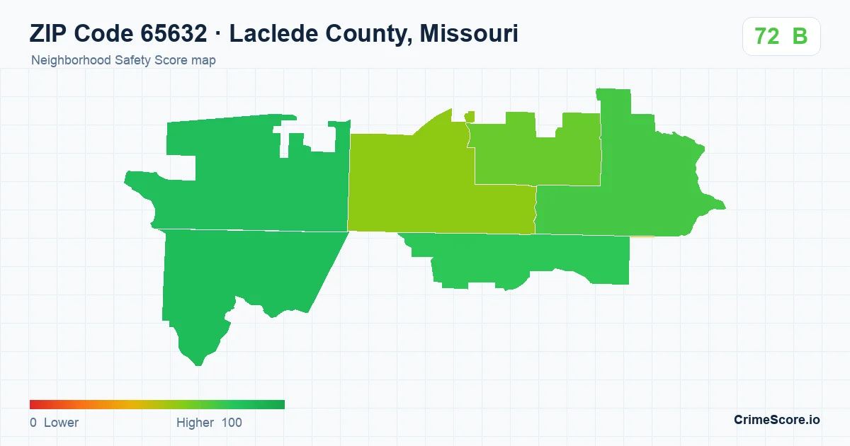 ZIP Code 65632 in Laclede County, Missouri neighborhood Safety Score map