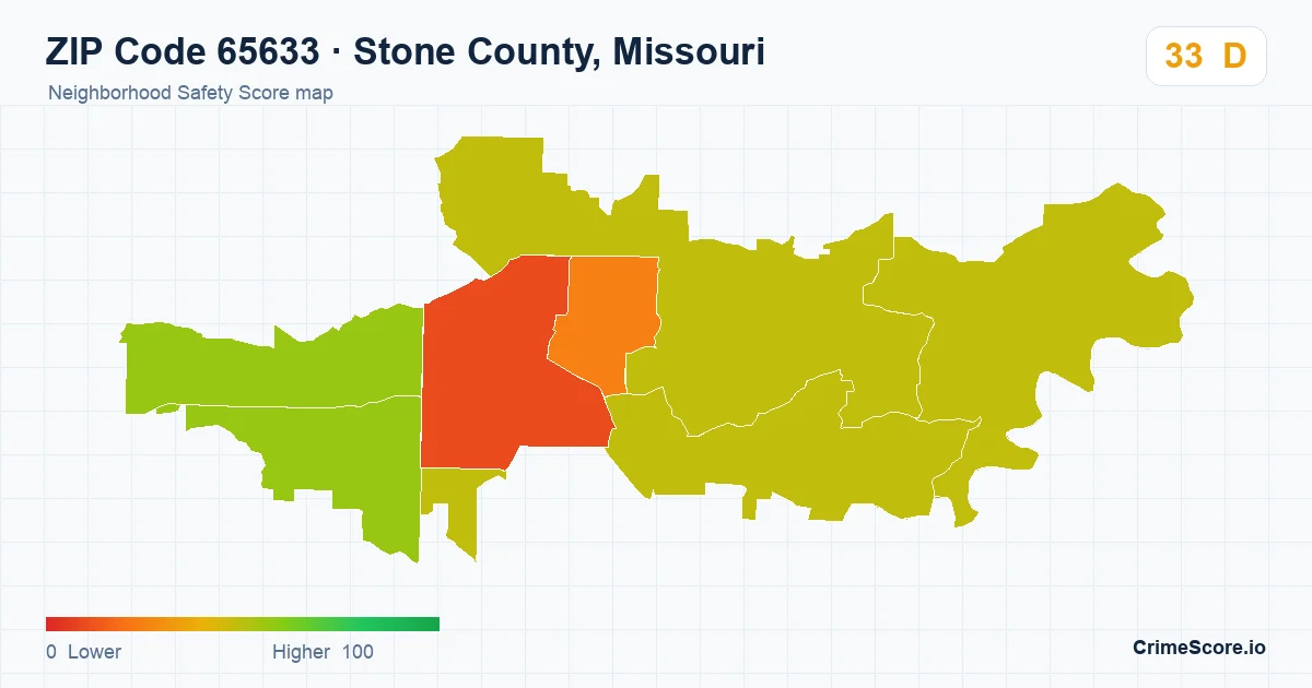 ZIP Code 65633 in Stone County, Missouri neighborhood Safety Score map