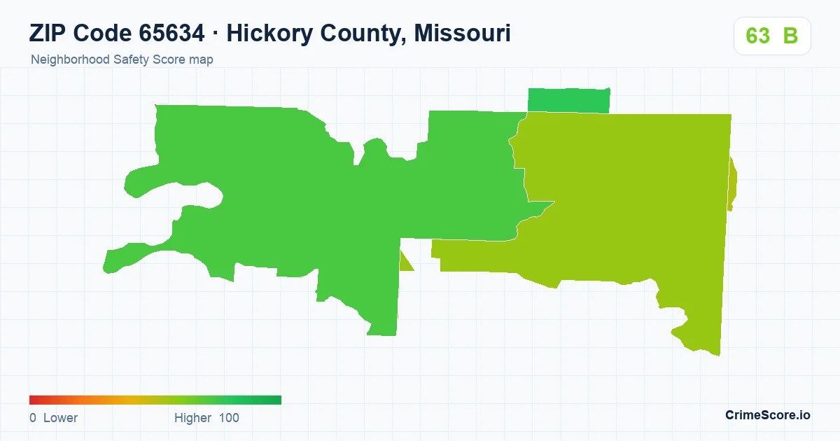ZIP Code 65634 in Hickory County, Missouri neighborhood Safety Score map