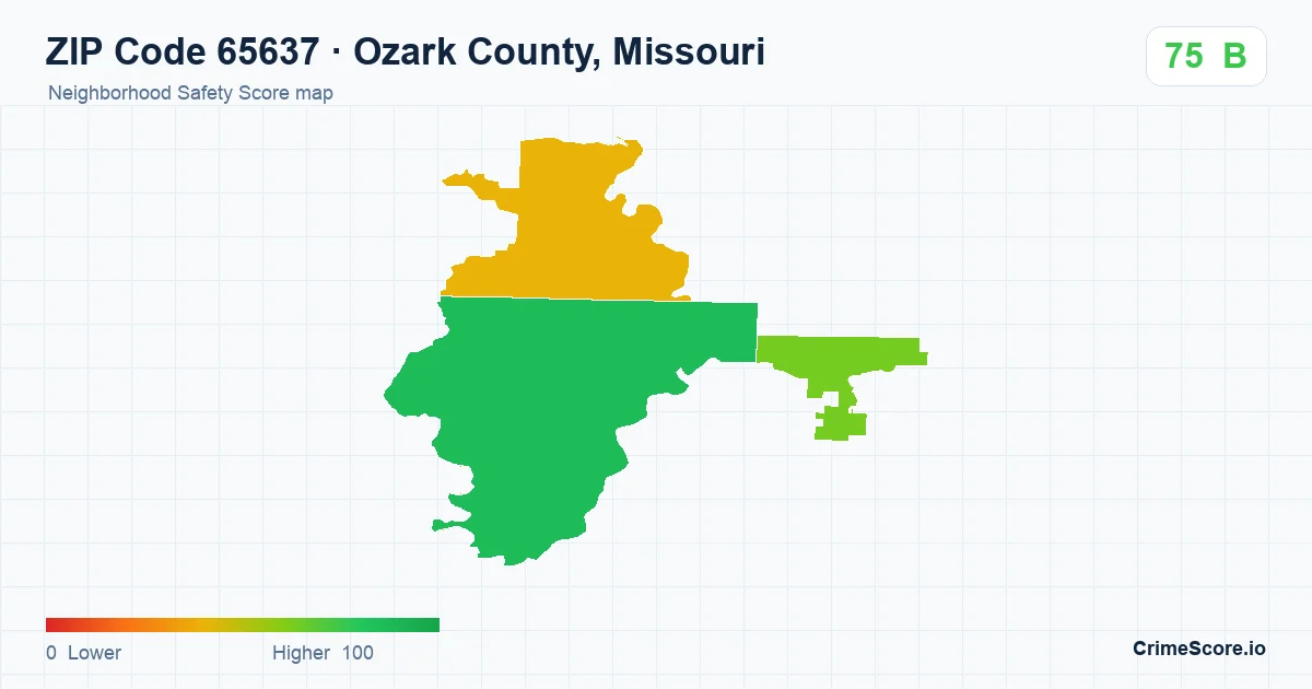 ZIP Code 65637 in Ozark County, Missouri neighborhood Safety Score map