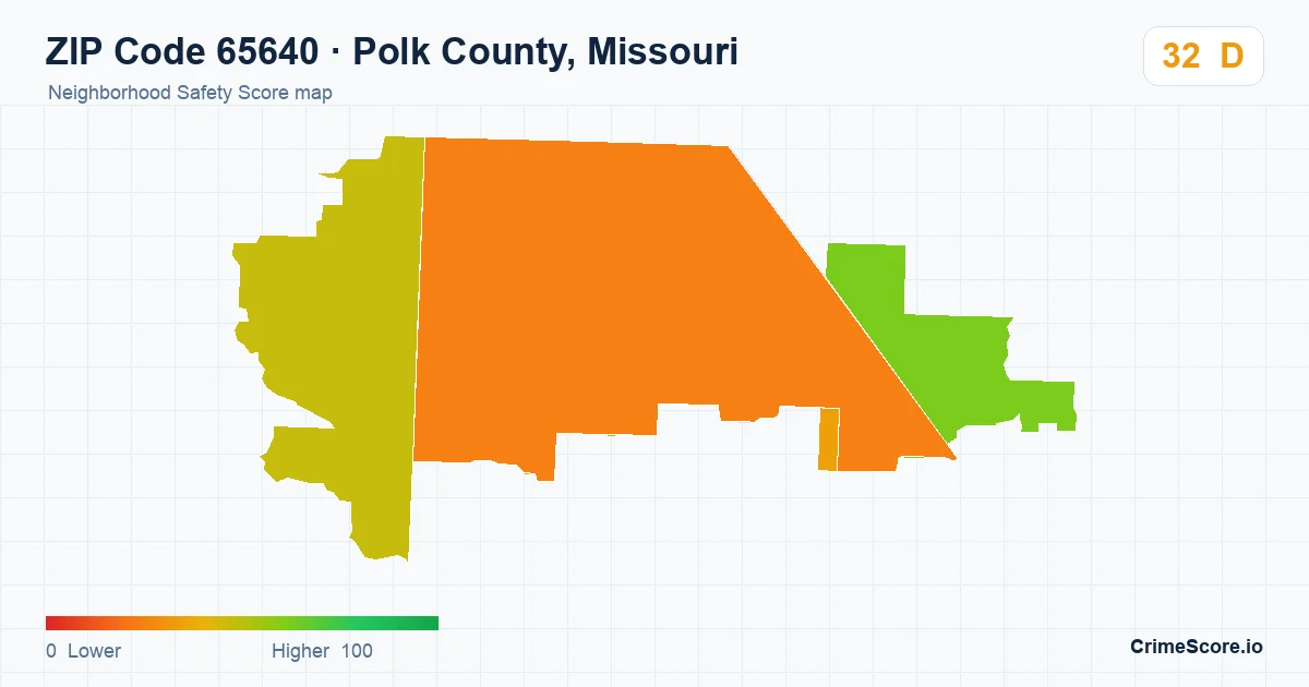 ZIP Code 65640 in Polk County, Missouri neighborhood Safety Score map