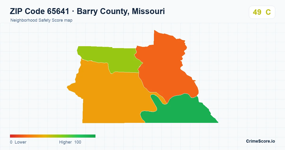 ZIP Code 65641 in Barry County, Missouri neighborhood Safety Score map