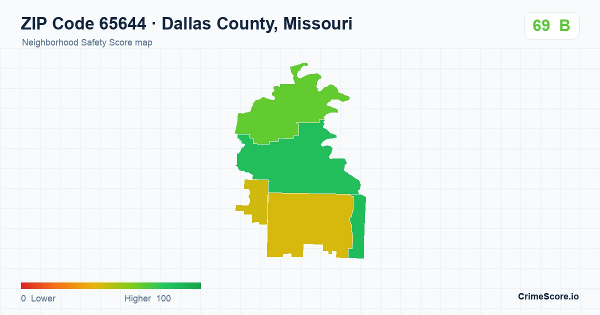 ZIP Code 65644 in Dallas County, Missouri neighborhood Safety Score map