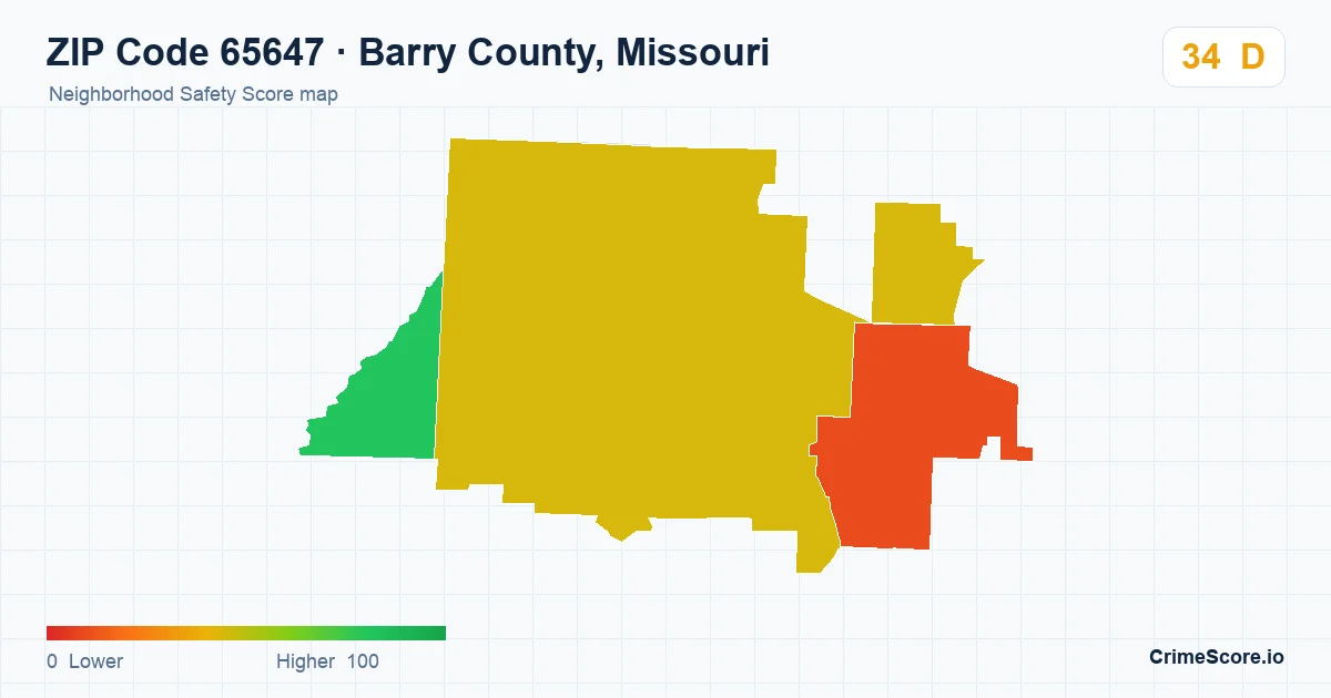 ZIP Code 65647 in Barry County, Missouri neighborhood Safety Score map