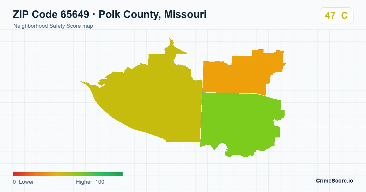 ZIP Code 65649 in Polk County, Missouri neighborhood Safety Score map
