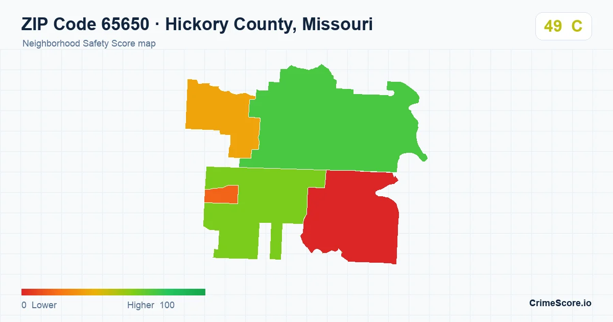 ZIP Code 65650 in Hickory County, Missouri neighborhood Safety Score map