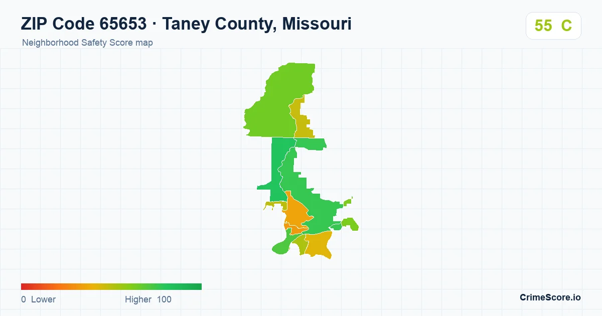ZIP Code 65653 in Taney County, Missouri neighborhood Safety Score map