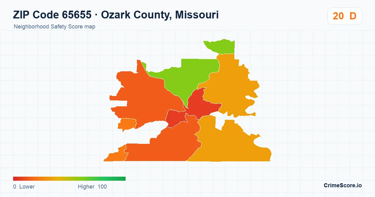 ZIP Code 65655 in Ozark County, Missouri neighborhood Safety Score map