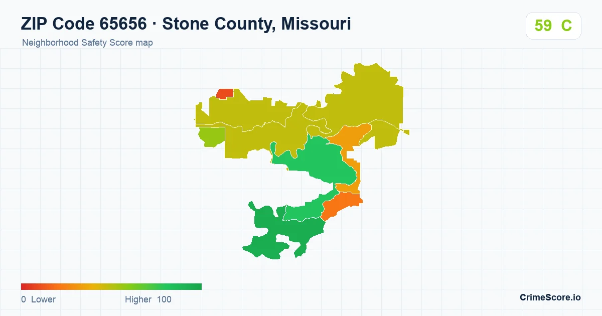 ZIP Code 65656 in Stone County, Missouri neighborhood Safety Score map