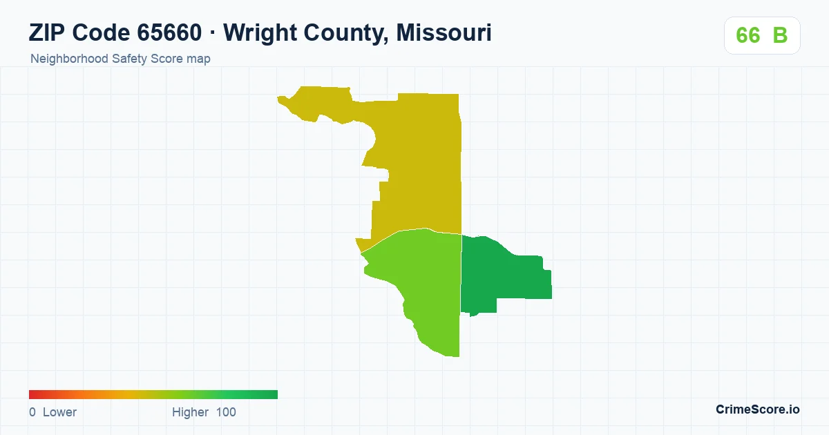 ZIP Code 65660 in Wright County, Missouri neighborhood Safety Score map