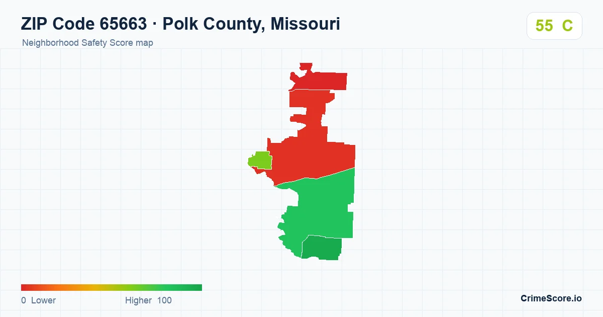 ZIP Code 65663 in Polk County, Missouri neighborhood Safety Score map