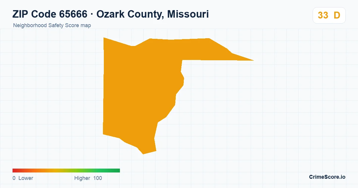 ZIP Code 65666 in Ozark County, Missouri neighborhood Safety Score map