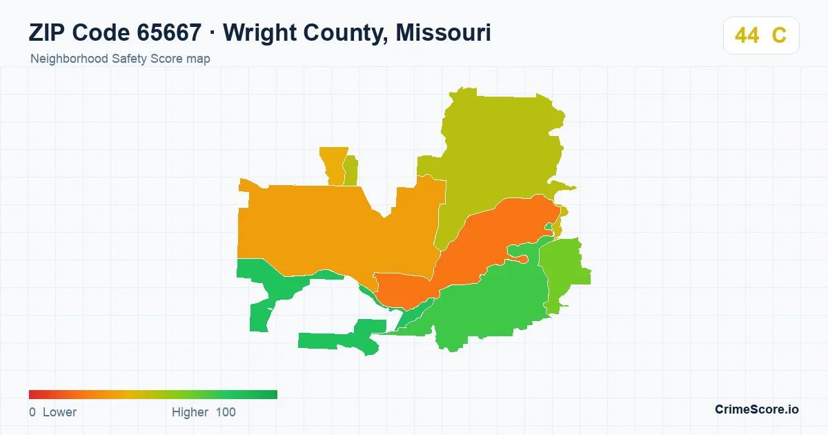 ZIP Code 65667 in Wright County, Missouri neighborhood Safety Score map