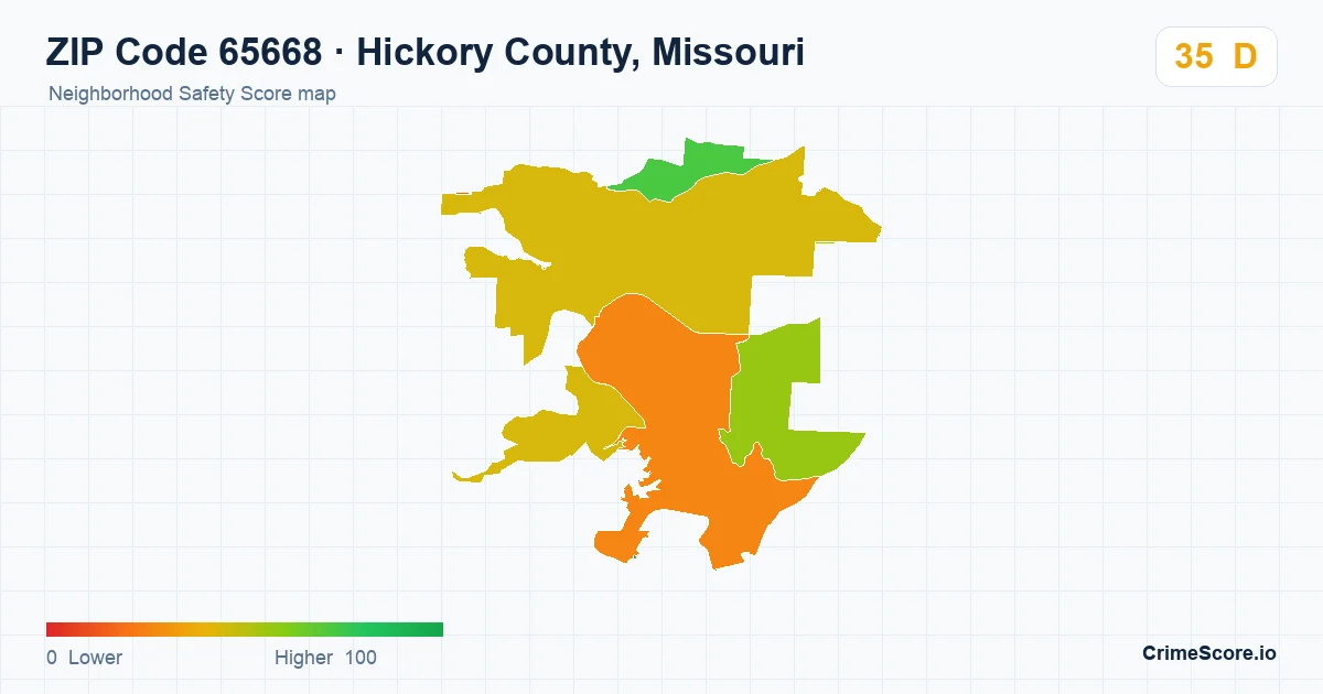 ZIP Code 65668 in Hickory County, Missouri neighborhood Safety Score map