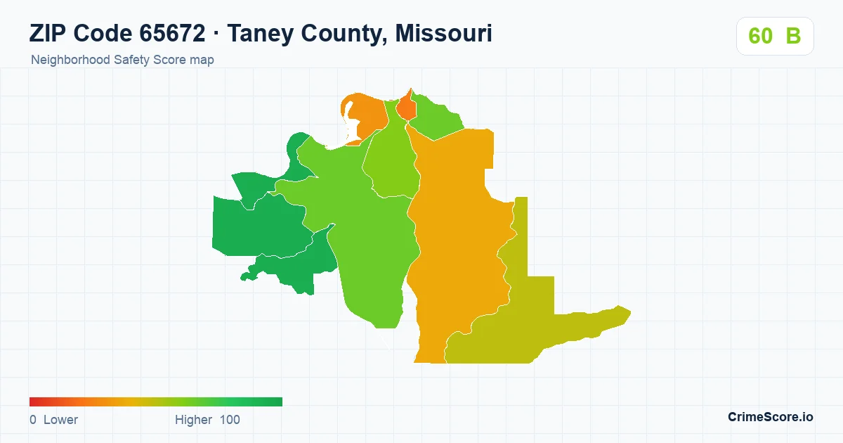 ZIP Code 65672 in Taney County, Missouri neighborhood Safety Score map