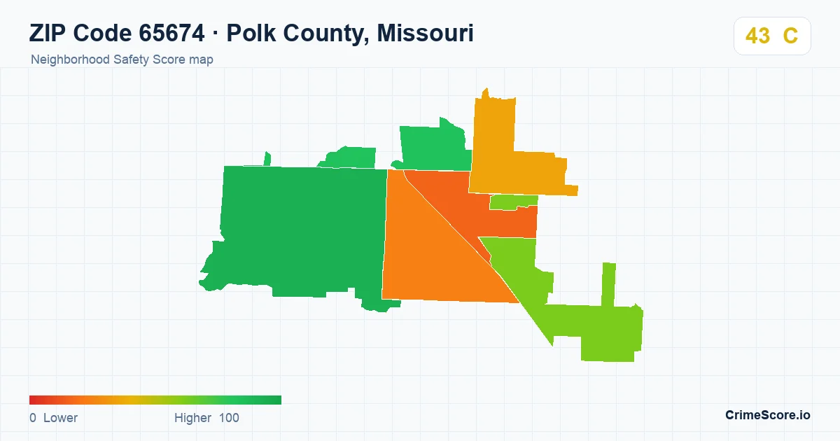 ZIP Code 65674 in Polk County, Missouri neighborhood Safety Score map