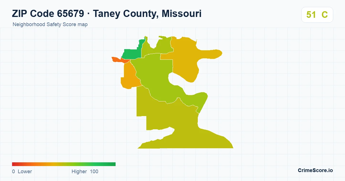 ZIP Code 65679 in Taney County, Missouri neighborhood Safety Score map
