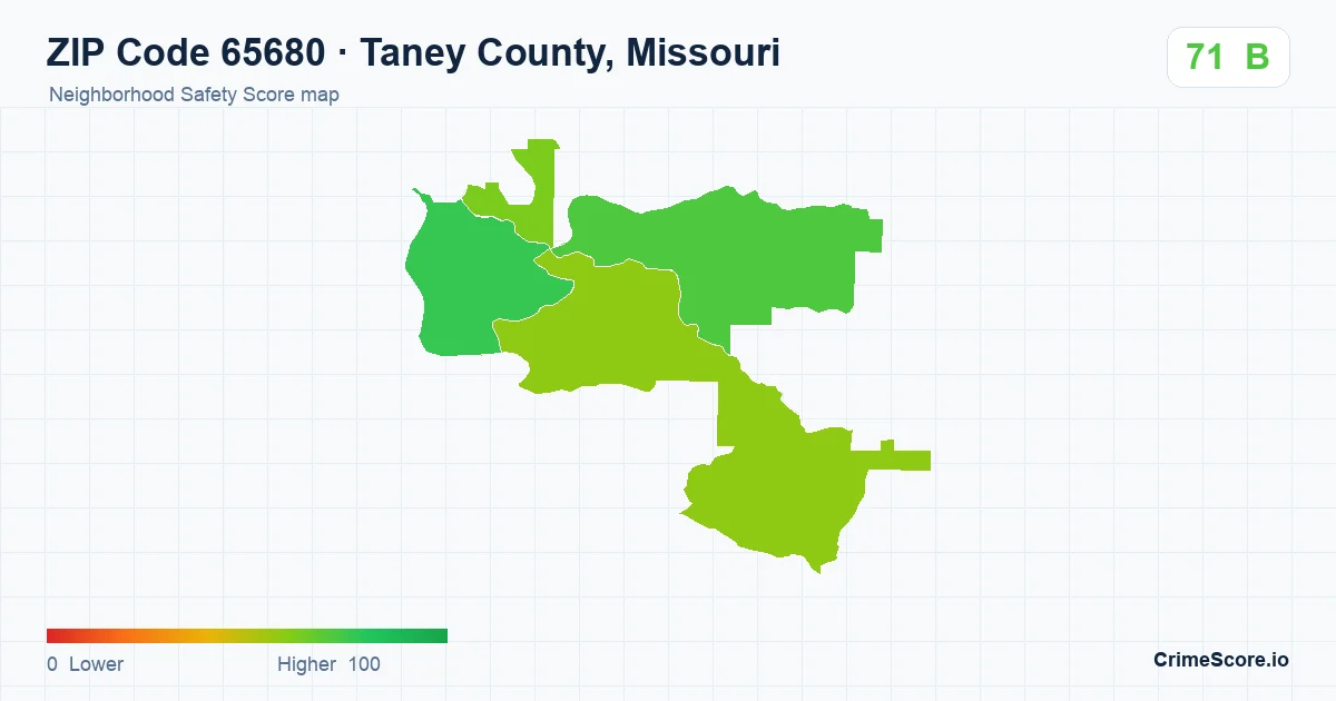 ZIP Code 65680 in Taney County, Missouri neighborhood Safety Score map