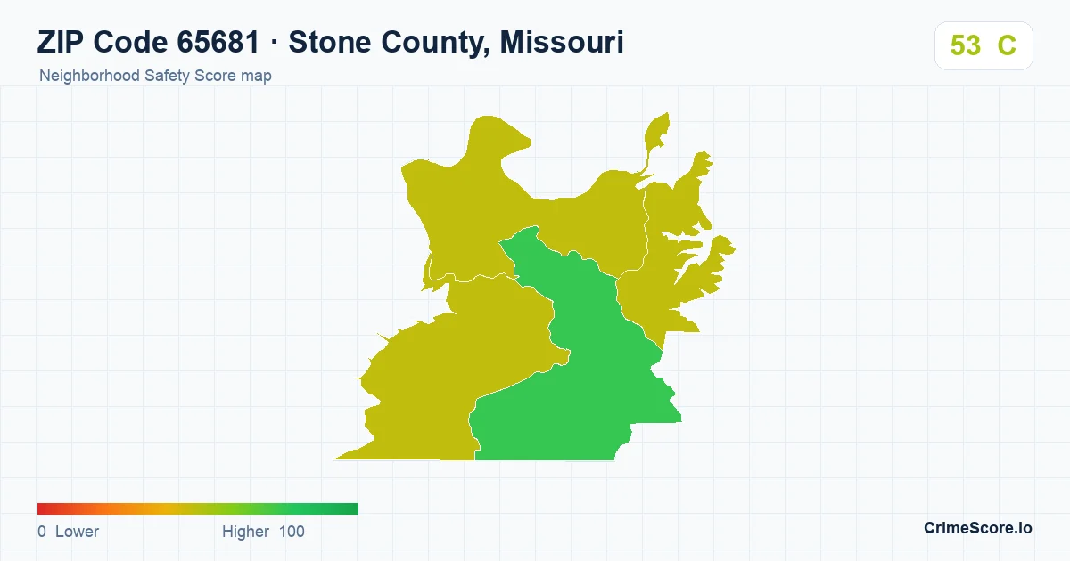 ZIP Code 65681 in Stone County, Missouri neighborhood Safety Score map