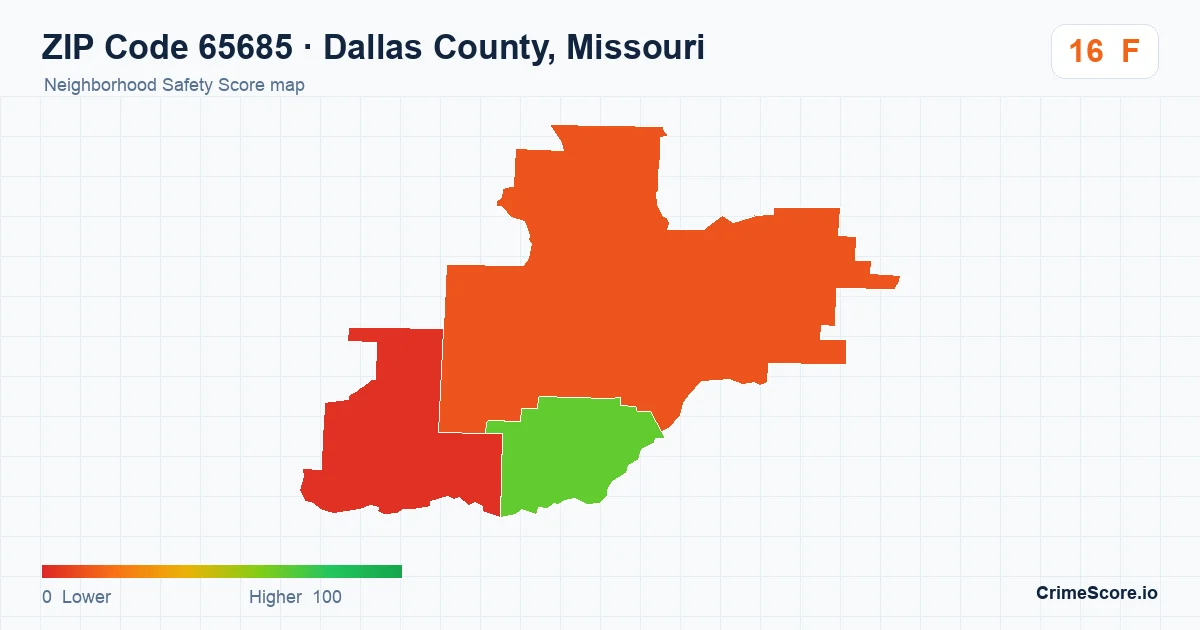 ZIP Code 65685 in Dallas County, Missouri neighborhood Safety Score map