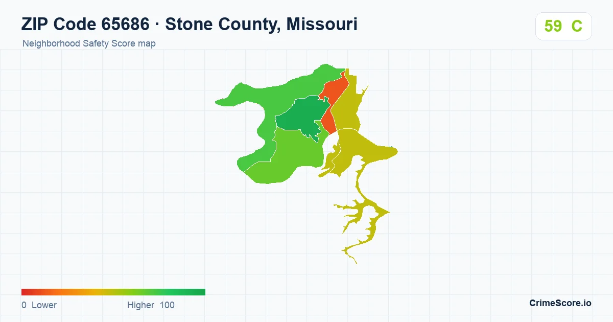 ZIP Code 65686 in Stone County, Missouri neighborhood Safety Score map
