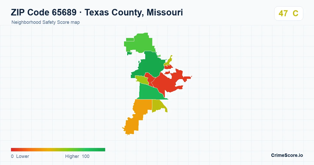 ZIP Code 65689 in Texas County, Missouri neighborhood Safety Score map