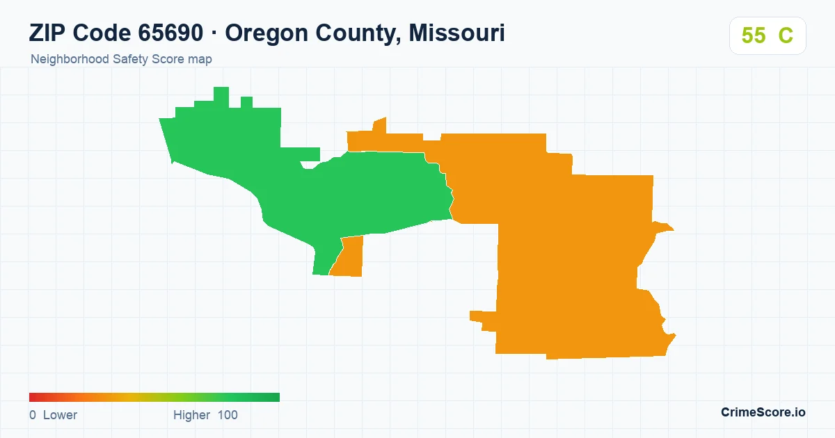 ZIP Code 65690 in Oregon County, Missouri neighborhood Safety Score map