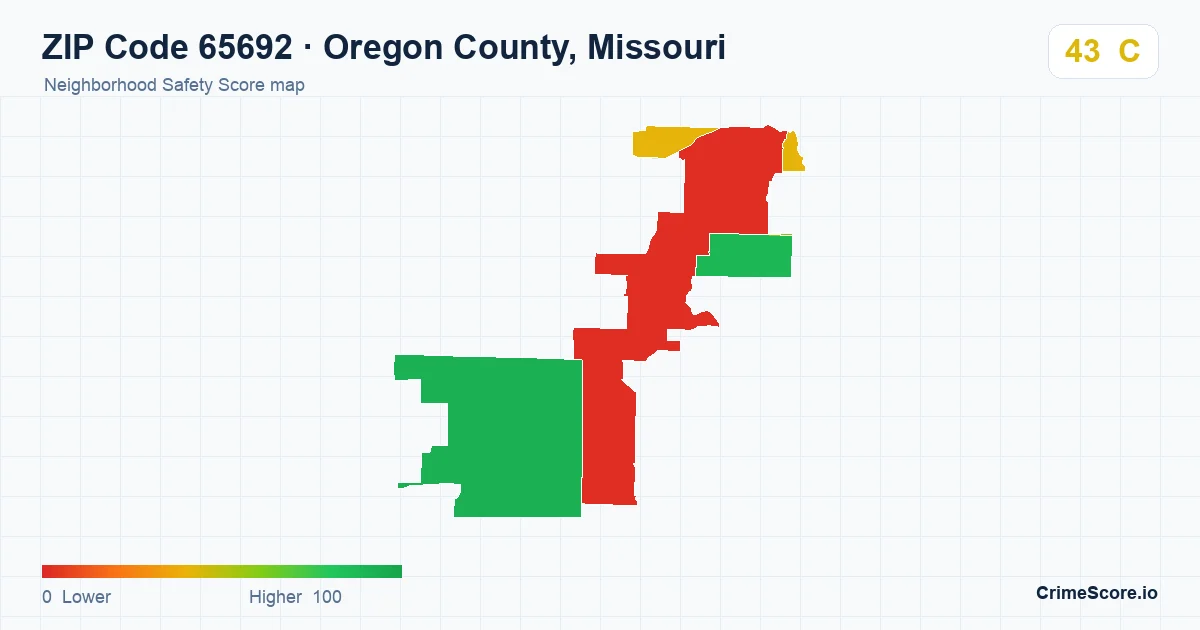 ZIP Code 65692 in Oregon County, Missouri neighborhood Safety Score map