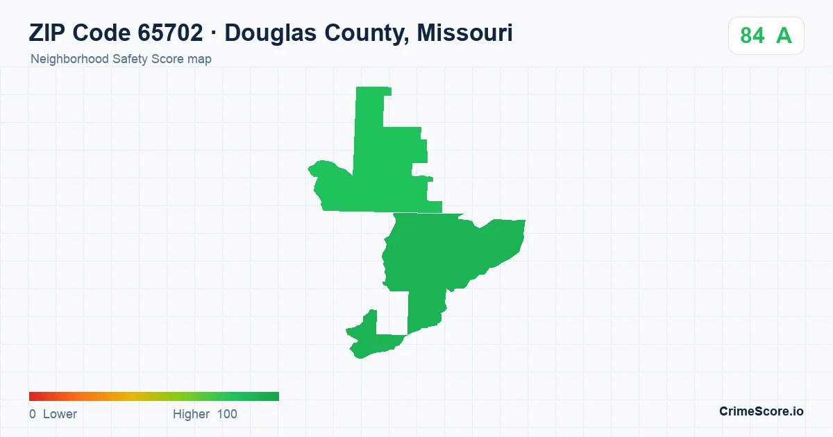 ZIP Code 65702 in Douglas County, Missouri neighborhood Safety Score map