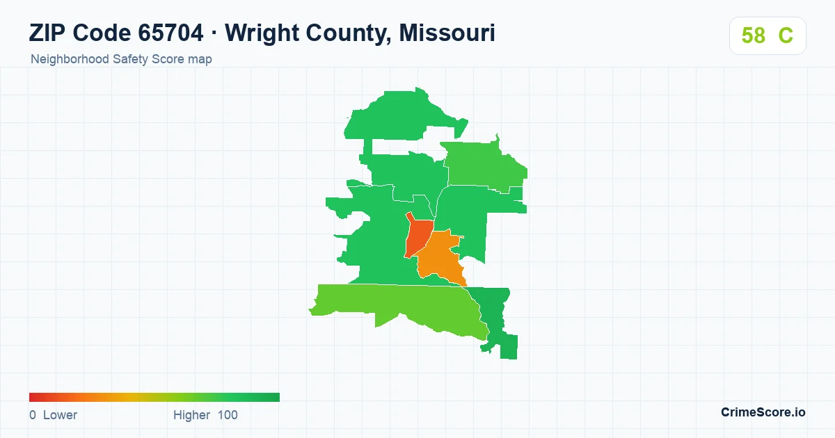 ZIP Code 65704 in Wright County, Missouri neighborhood Safety Score map