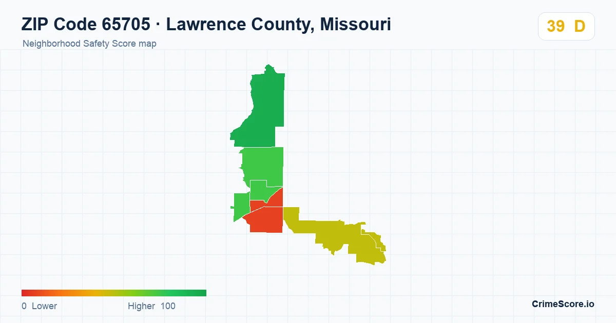 ZIP Code 65705 in Lawrence County, Missouri neighborhood Safety Score map