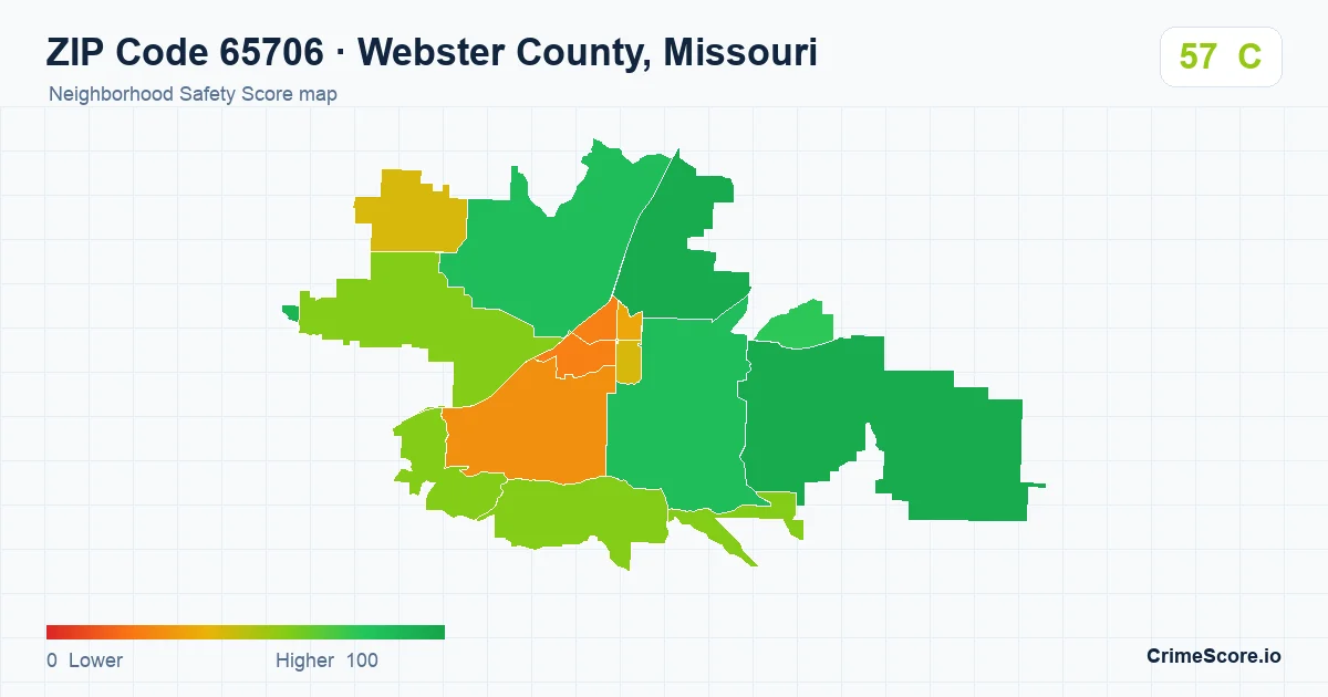 ZIP Code 65706 in Webster County, Missouri neighborhood Safety Score map