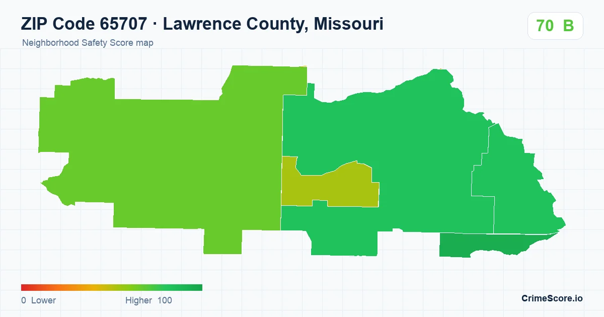 ZIP Code 65707 in Lawrence County, Missouri neighborhood Safety Score map
