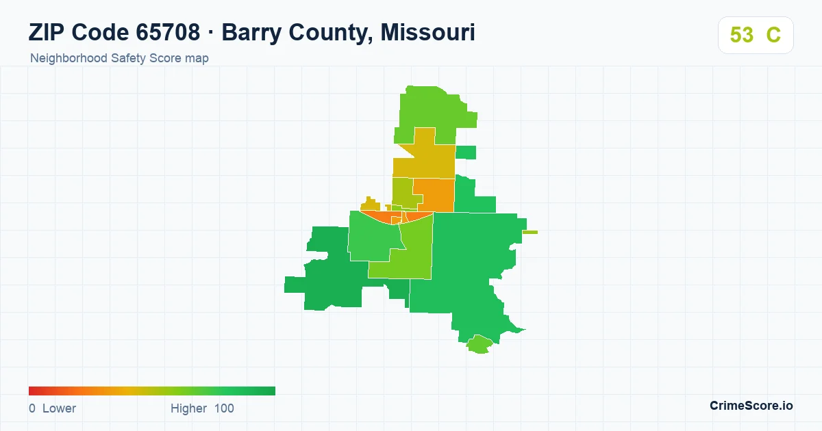 ZIP Code 65708 in Barry County, Missouri neighborhood Safety Score map