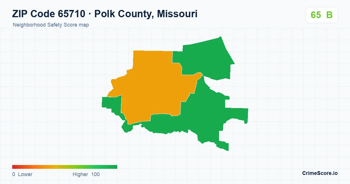 ZIP Code 65710 in Polk County, Missouri neighborhood Safety Score map