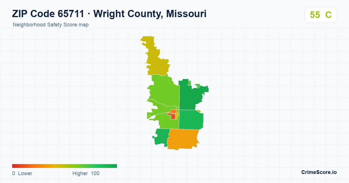 ZIP Code 65711 in Wright County, Missouri neighborhood Safety Score map