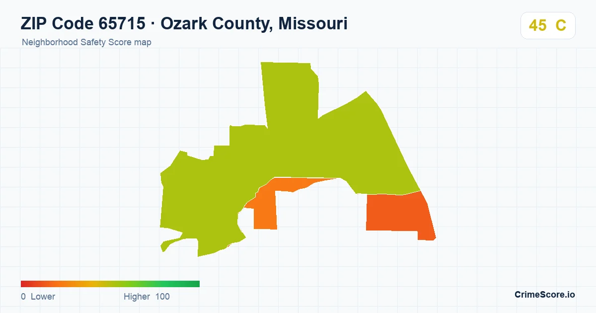 ZIP Code 65715 in Ozark County, Missouri neighborhood Safety Score map