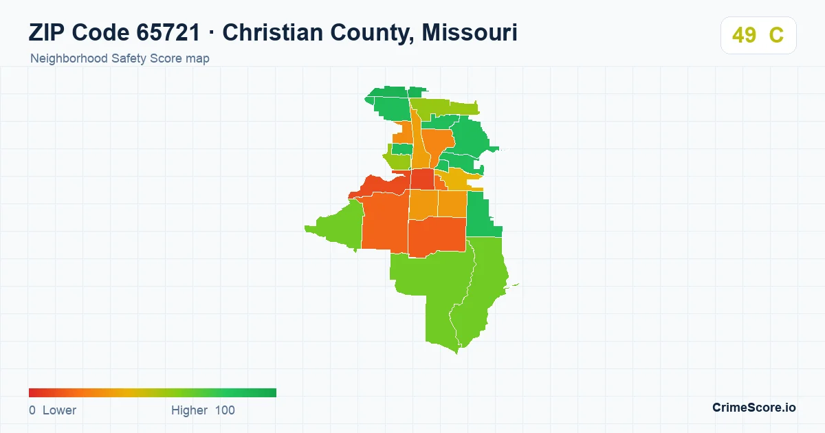 ZIP Code 65721 in Christian County, Missouri neighborhood Safety Score map