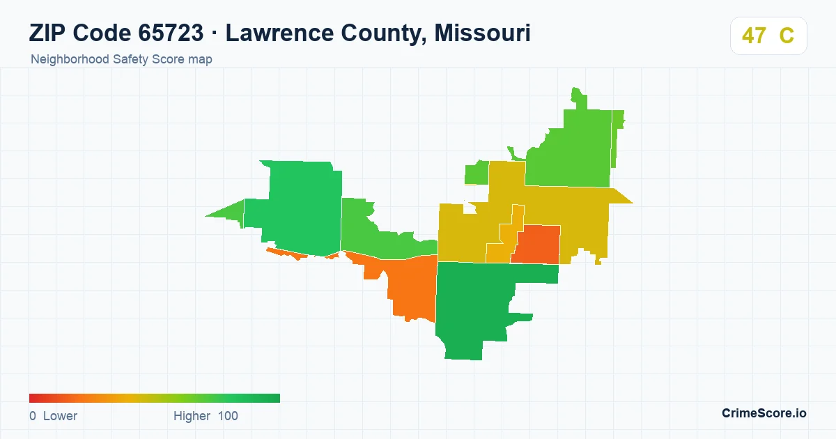ZIP Code 65723 in Lawrence County, Missouri neighborhood Safety Score map
