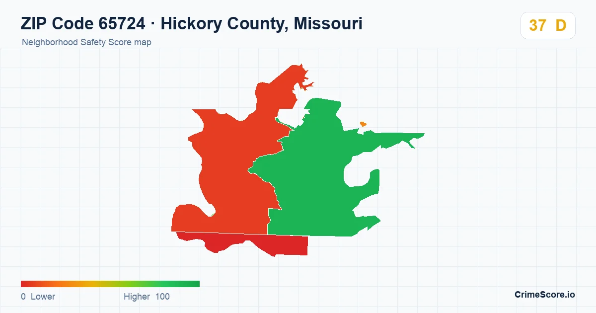 ZIP Code 65724 in Hickory County, Missouri neighborhood Safety Score map