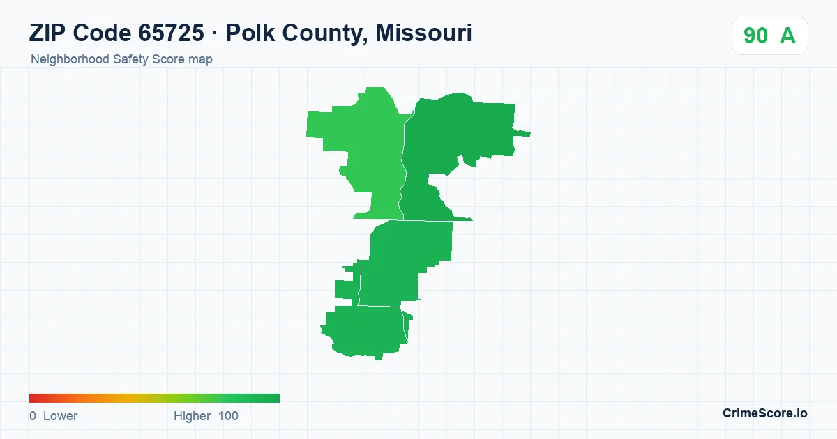 ZIP Code 65725 in Polk County, Missouri neighborhood Safety Score map